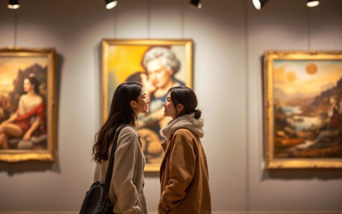 Couple asiatique discutant devant des tableaux dans une salle de musée, éclairage tamisé et spot lumineux, expressions naturelles, ambiance chaleureuse et intime
