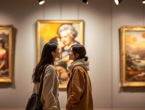 Couple asiatique discutant devant des tableaux dans une salle de musée, éclairage tamisé et spot lumineux, expressions naturelles, ambiance chaleureuse et intime