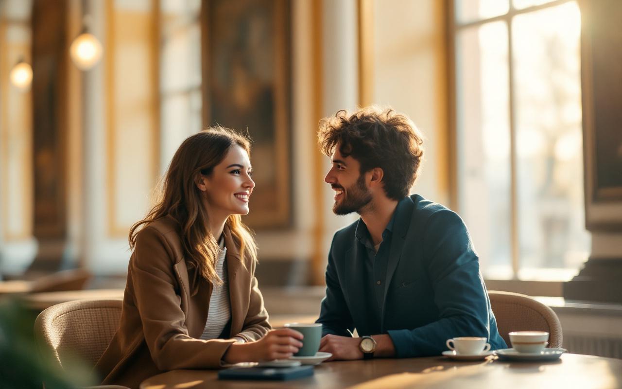 Deux personnes assises dans le café d'un musée, discutant en tenant des tasses de café, lumière naturelle chaude filtrant par de grandes fenêtres, ambiance calme et conviviale.
