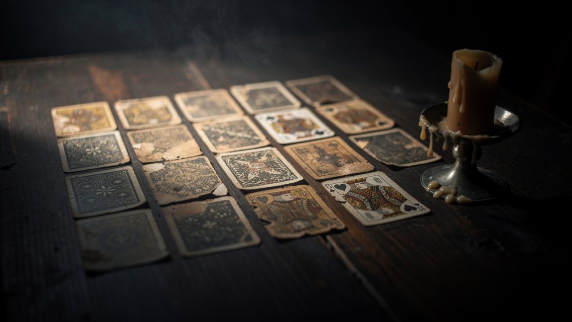 Jeu de 32 cartes à jouer étalé sur une table sombre, éclairé par une bougie et une ambiance feutrée de voyance.