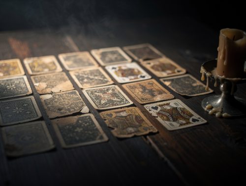 Jeu de 32 cartes à jouer étalé sur une table sombre, éclairé par une bougie et une ambiance feutrée de voyance.