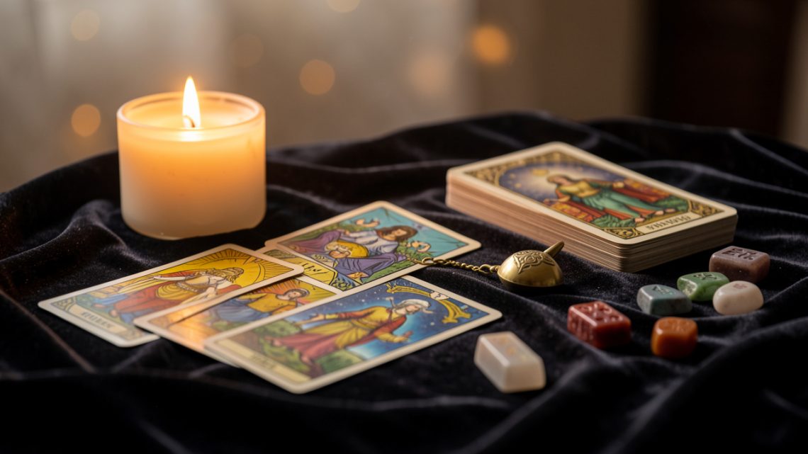 Table mystique avec des cartes de tarot et oracle, un pendule en métal, des pierres de runes et une bougie allumée, ambiance douce et chaleureuse.