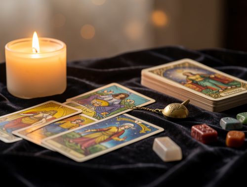 Table mystique avec des cartes de tarot et oracle, un pendule en métal, des pierres de runes et une bougie allumée, ambiance douce et chaleureuse.
