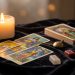 Table mystique avec des cartes de tarot et oracle, un pendule en métal, des pierres de runes et une bougie allumée, ambiance douce et chaleureuse.