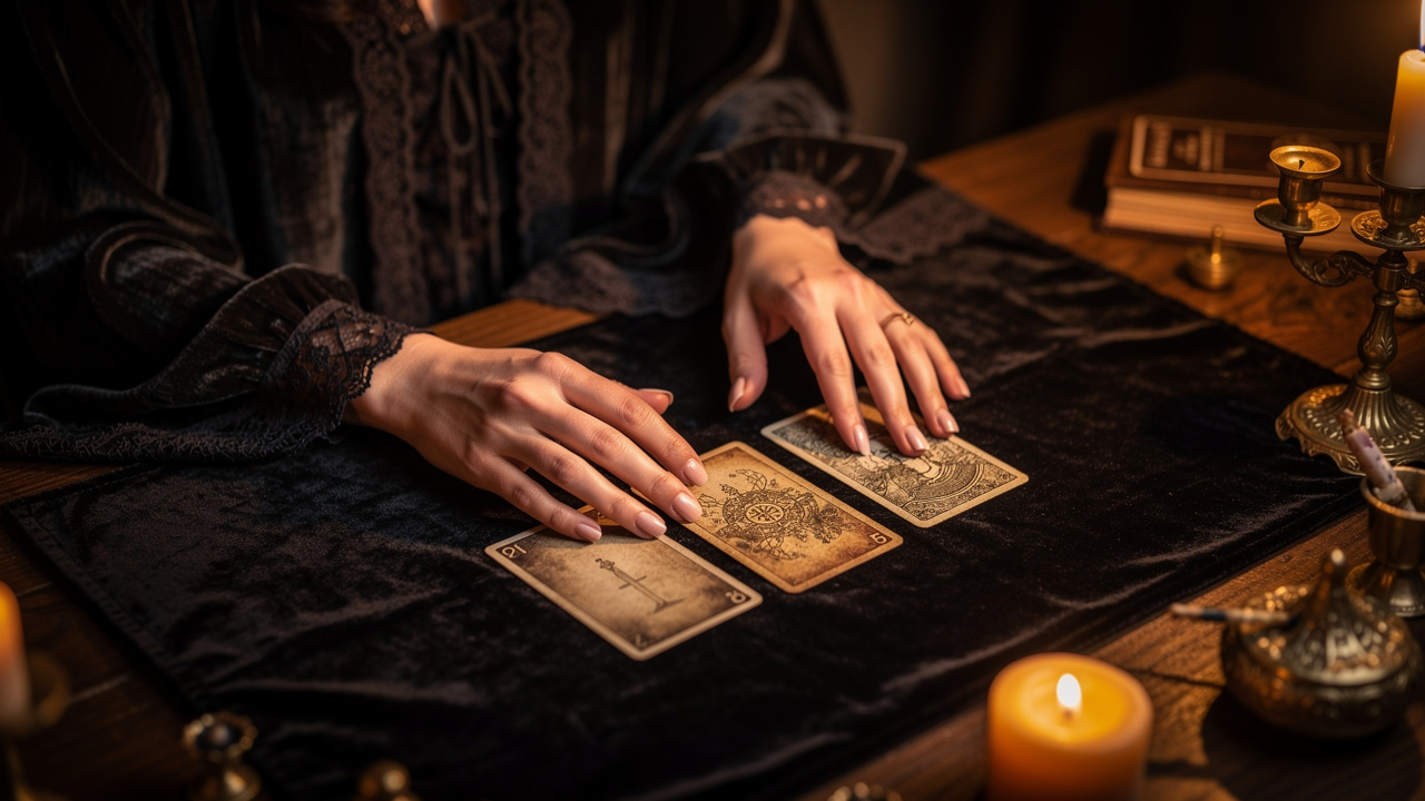 Une femme pose trois cartes sur une étoffe sombre, dans une disposition évoquant le passé, le présent et l’avenir, les mains d’une praticienne guidant le tirage dans une ambiance tamisée.