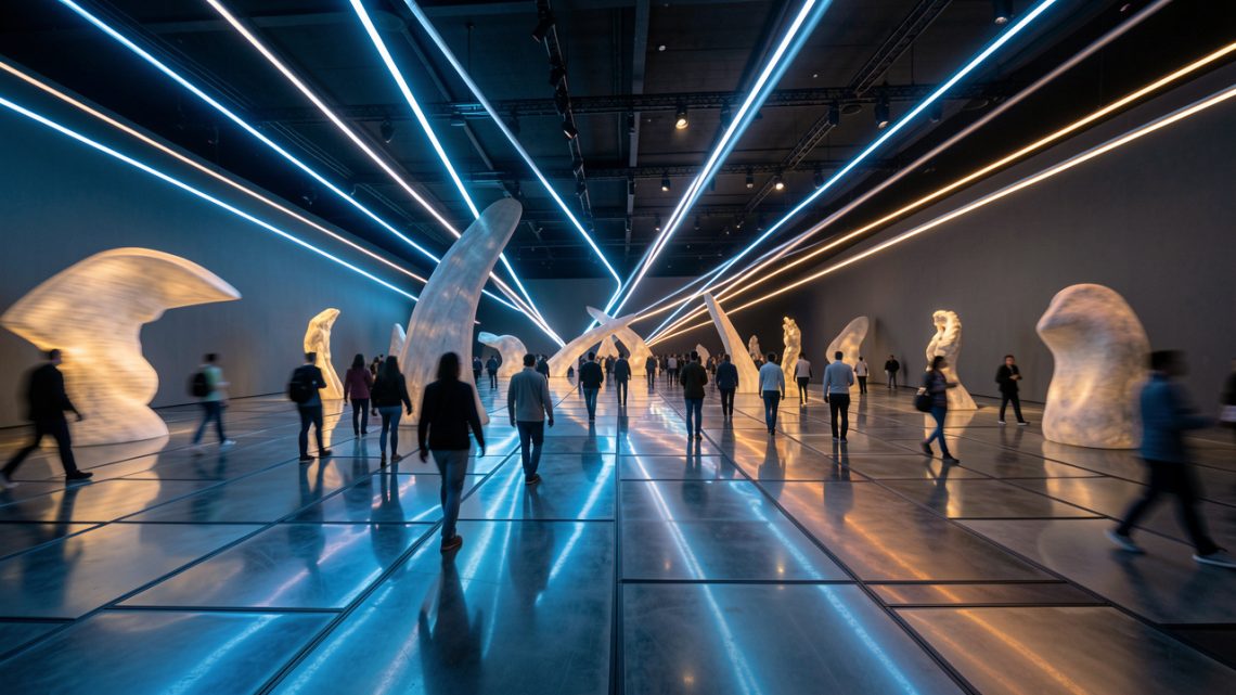 Grande salle d’exposition immersive contemporaine, avec des jeux de lumière et des visiteurs en mouvement, ambiance artistique et éclairage cinématographique.