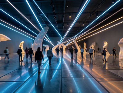 Grande salle d’exposition immersive contemporaine, avec des jeux de lumière et des visiteurs en mouvement, ambiance artistique et éclairage cinématographique.