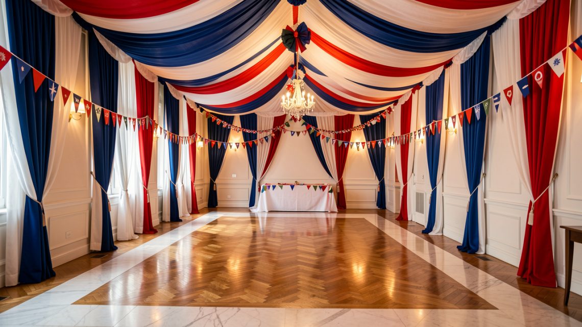 Salle élégante décorée en bleu, blanc et rouge, avec guirlandes et éléments décoratifs rappelant le 14 juillet, éclairage chaleureux et ambiance républicaine.