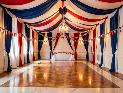 Salle élégante décorée en bleu, blanc et rouge, avec guirlandes et éléments décoratifs rappelant le 14 juillet, éclairage chaleureux et ambiance républicaine.