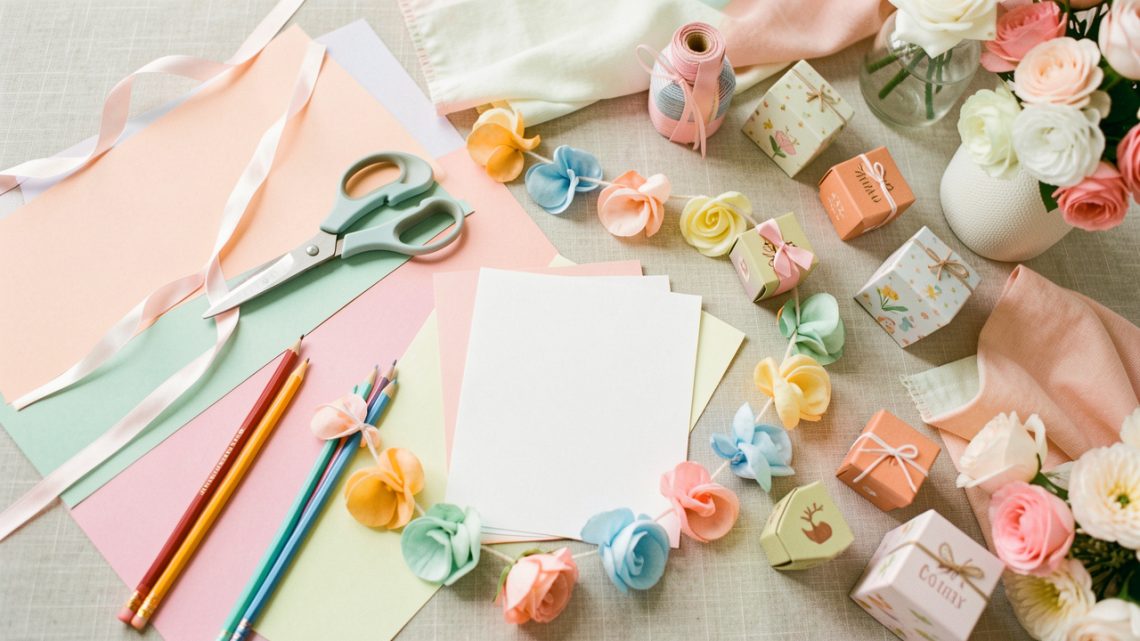 Table colorée de baby shower avec papiers créatifs, matériel de loisirs DIY, guirlandes faites main et petits souvenirs décoratifs sans inscription.
