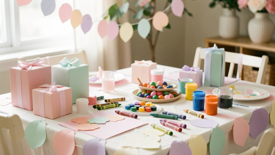Table de fête aux couleurs pastel avec guirlandes en papier, cadeaux et activités créatives adaptées aux bébés.