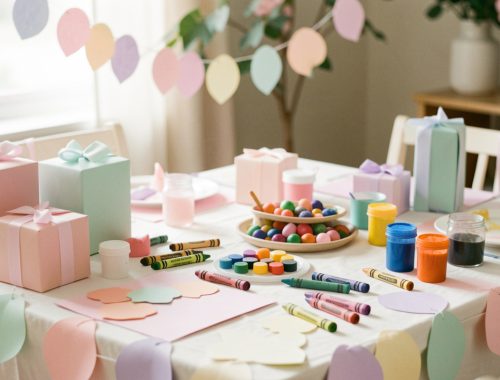 Table de fête aux couleurs pastel avec guirlandes en papier, cadeaux et activités créatives adaptées aux bébés.