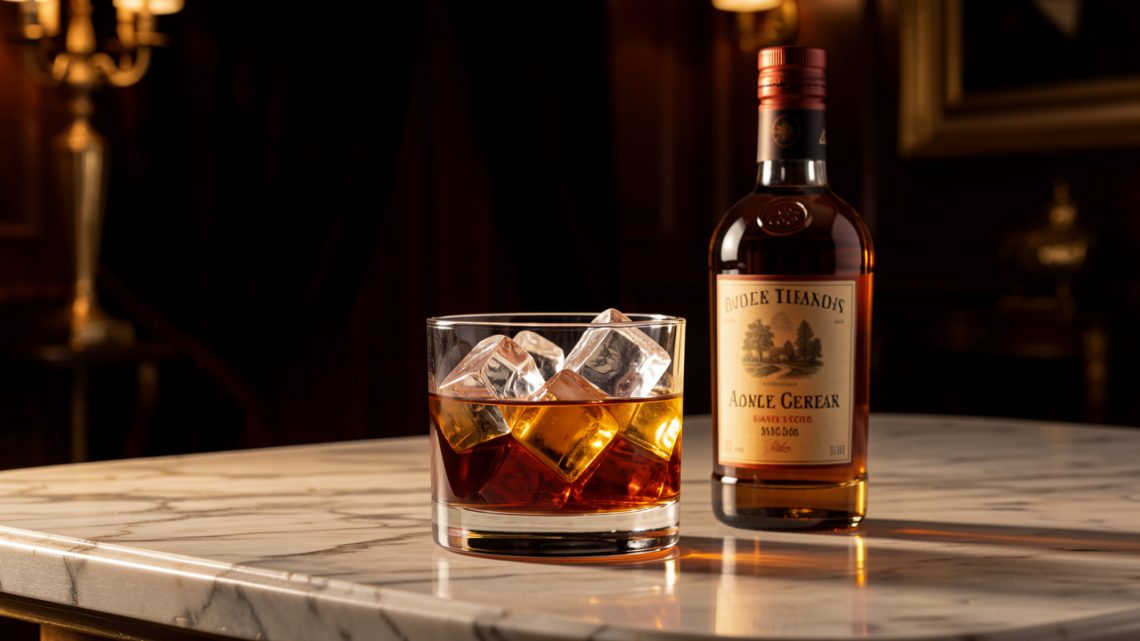 Nature morte élégante d’un cocktail ambré sur de gros glaçons dans un verre old fashioned, accompagné d’une bouteille de liqueur sans étiquette dans un décor italien chaleureux.