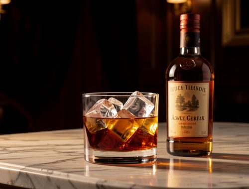 Nature morte élégante d’un cocktail ambré sur de gros glaçons dans un verre old fashioned, accompagné d’une bouteille de liqueur sans étiquette dans un décor italien chaleureux.