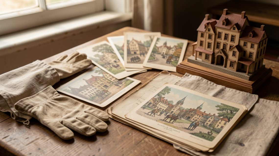 Collection de cartes postales anciennes illustrées, soigneusement conservées avec des pochettes d’archives et une maquette en bois représentant une ville historique.