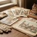 Collection de cartes postales anciennes illustrées, soigneusement conservées avec des pochettes d’archives et une maquette en bois représentant une ville historique.