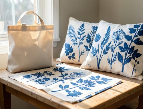 Atelier créatif dans un appartement montrant un tote bag en coton et des housses de coussin décorés de motifs botaniques cyanotype bleus.