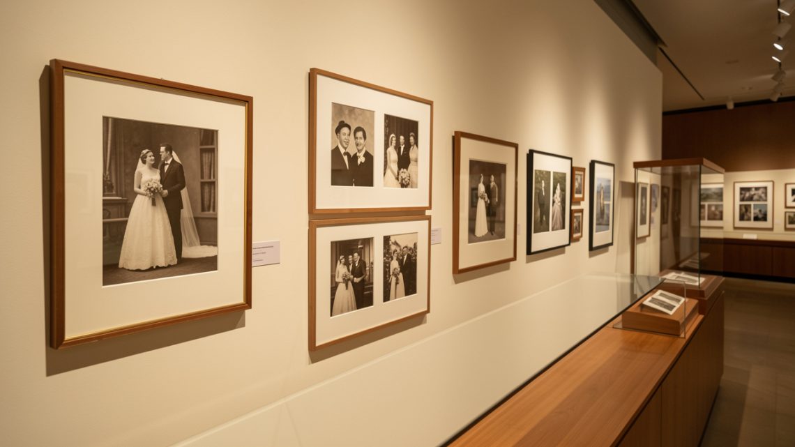 Exposition de photographies anciennes de mariage présentées dans des cadres et vitrines de protection.