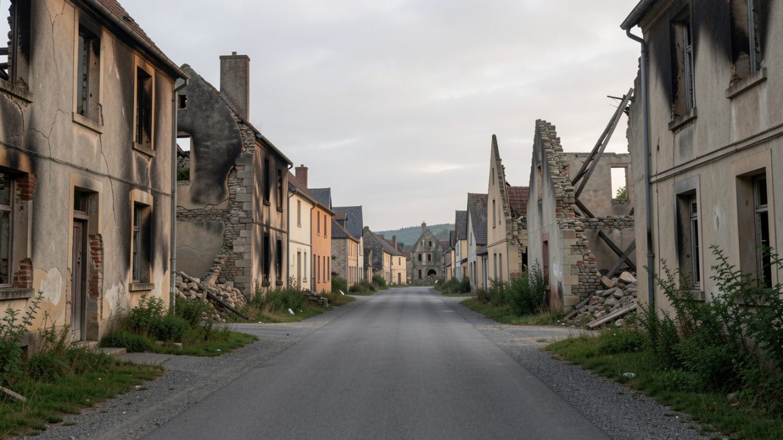 Vue respectueuse des ruines d’Oradour-sur-Glane au matin, avec une rue vide, des façades brûlées et une végétation discrète sous une lumière douce.