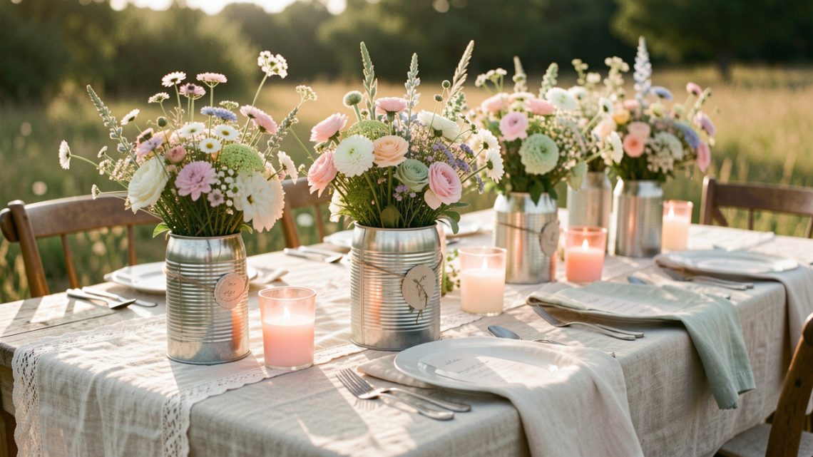 Table de fête champêtre avec des boîtes de conserve décorées transformées en vases, des photophores LED, des fleurs sauvages et des nappes en lin dans une douce lumière de fin d’après-midi.