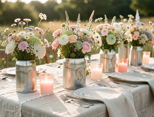Table de fête champêtre avec des boîtes de conserve décorées transformées en vases, des photophores LED, des fleurs sauvages et des nappes en lin dans une douce lumière de fin d’après-midi.