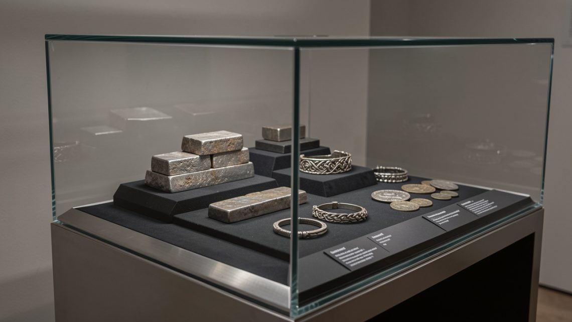 Vitrine muséale contemporaine présentant un trésor viking danois en argent composé de lingots, de bracelets et de monnaies anciennes, éclairé latéralement dans une ambiance archéologique élégante.