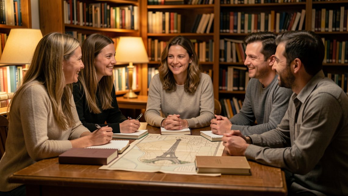 Groupe de lecture convivial réuni autour d’une table en bois dans une bibliothèque, avec des romans sans inscriptions visibles, des carnets et un ancien plan non légendé de Paris sous une lumière douce.