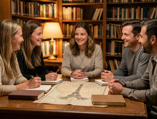 Groupe de lecture convivial réuni autour d’une table en bois dans une bibliothèque, avec des romans sans inscriptions visibles, des carnets et un ancien plan non légendé de Paris sous une lumière douce.