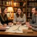 Groupe de lecture convivial réuni autour d’une table en bois dans une bibliothèque, avec des romans sans inscriptions visibles, des carnets et un ancien plan non légendé de Paris sous une lumière douce.