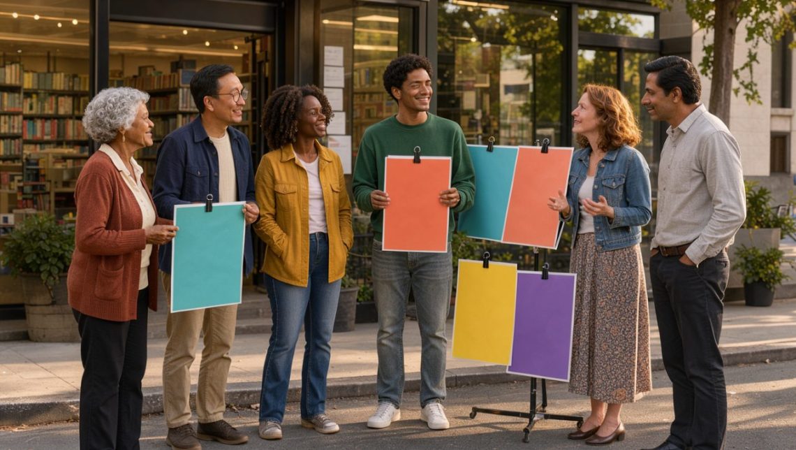 Groupe varié de femmes et d’hommes réunis devant une médiathèque de quartier, près d’affiches colorées vierges, dans une ambiance chaleureuse et réaliste.