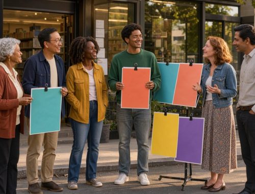 Groupe varié de femmes et d’hommes réunis devant une médiathèque de quartier, près d’affiches colorées vierges, dans une ambiance chaleureuse et réaliste.